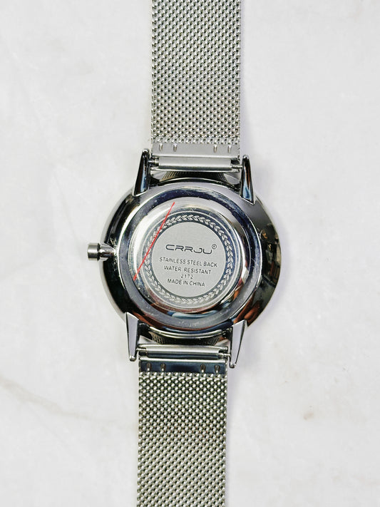 CRRJU Minimalist Silver Tone Watch – Date – Mesh Bracelet – Quartz – New Battery