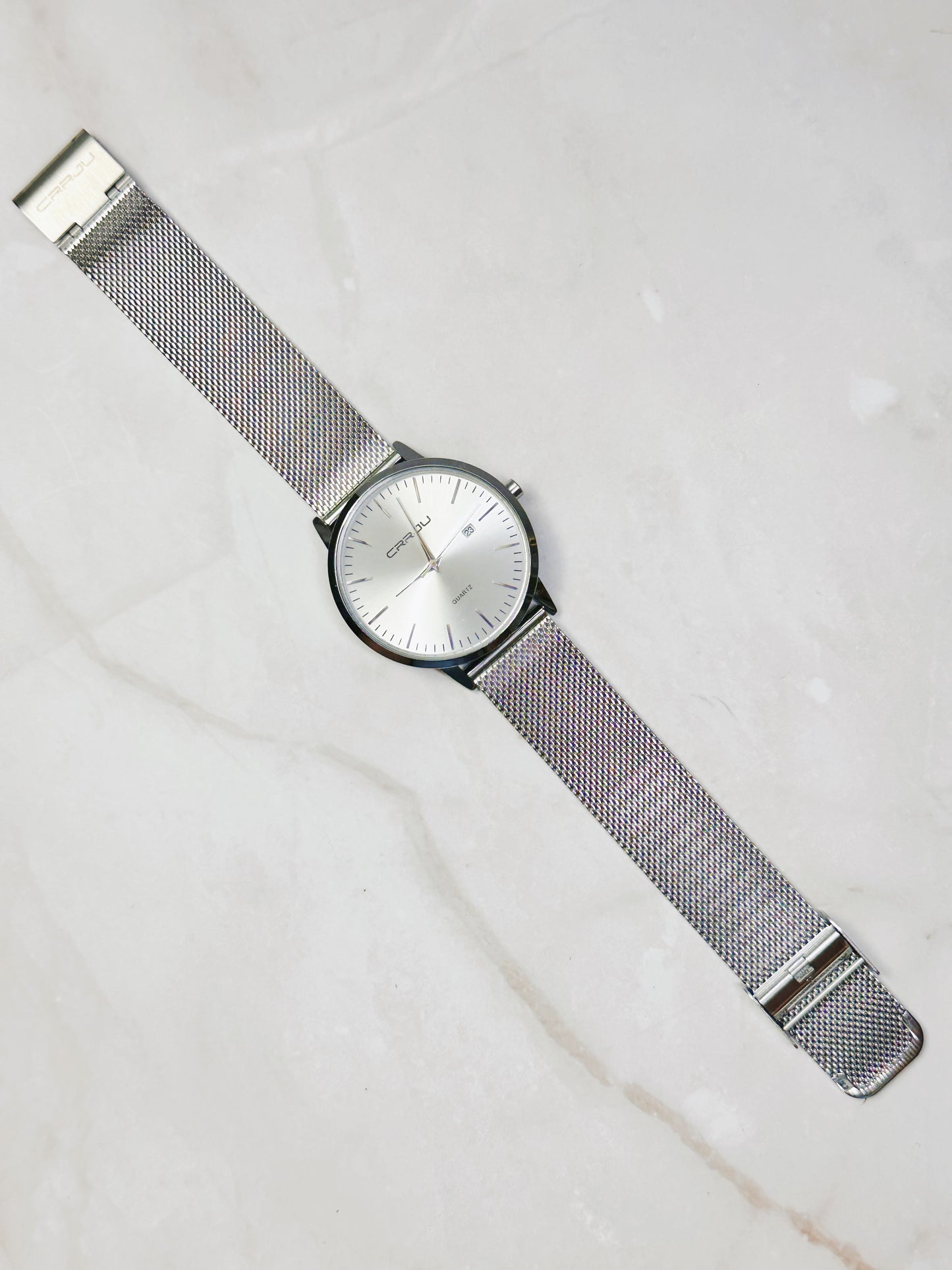 CRRJU Minimalist Silver Tone Watch – Date – Mesh Bracelet – Quartz – New Battery