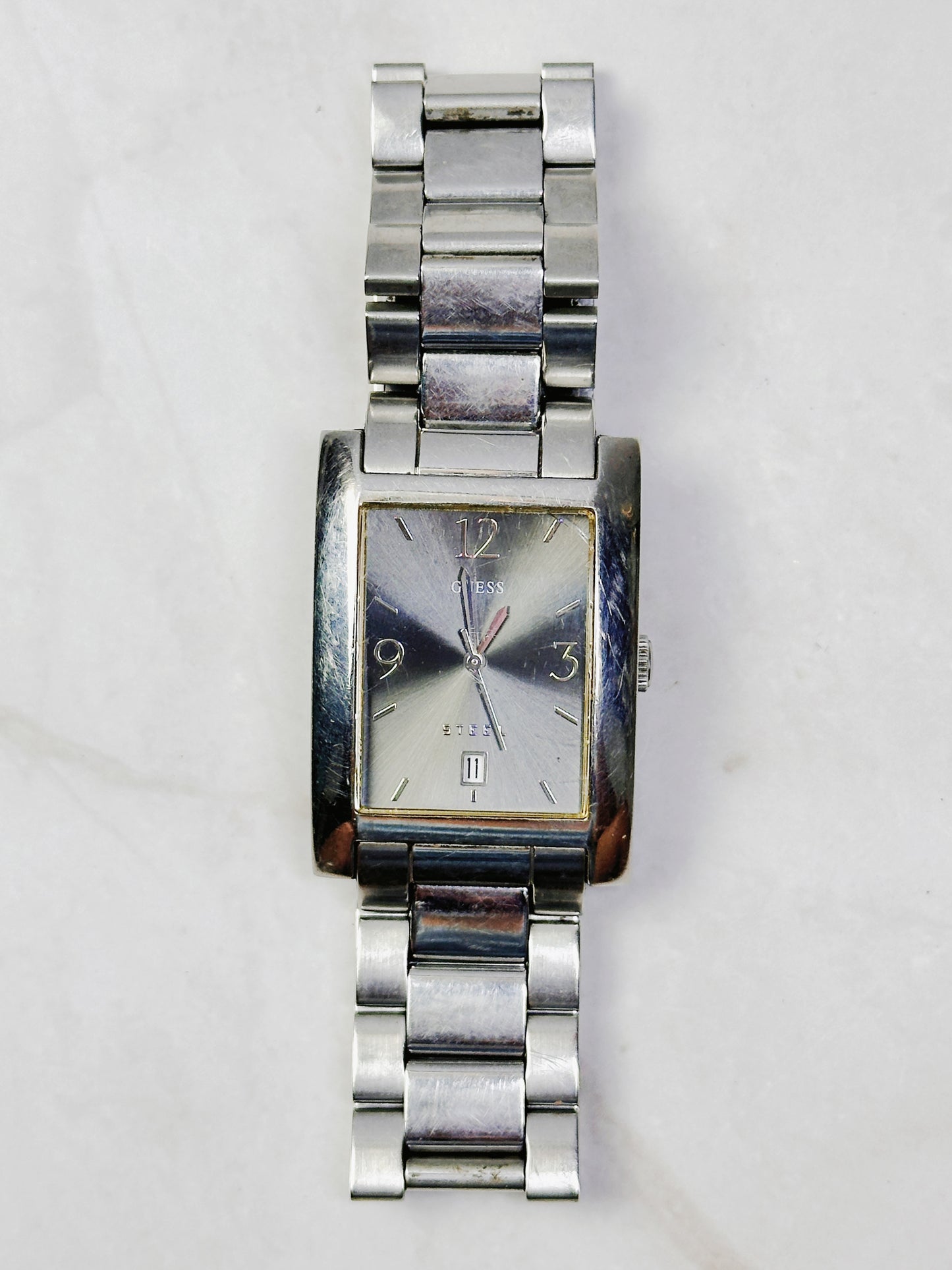 GUESS Steel Rectangular Watch – Date – Stainless Steel Bracelet – New Battery