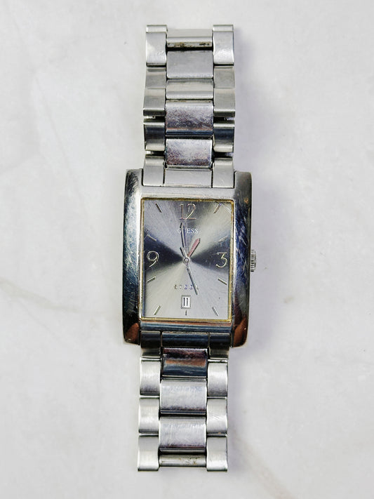 GUESS Steel Rectangular Watch – Date – Stainless Steel Bracelet – New Battery