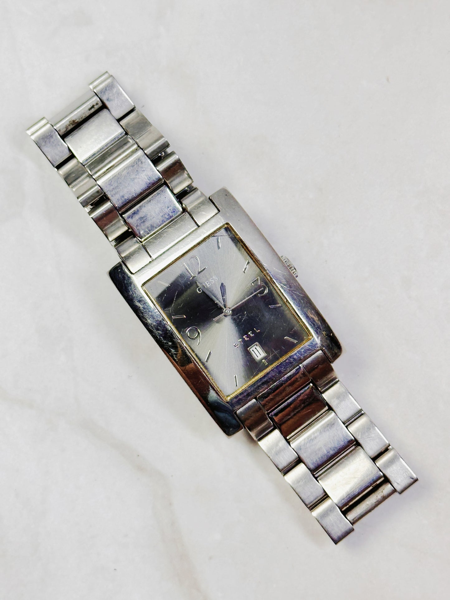 GUESS Steel Rectangular Watch – Date – Stainless Steel Bracelet – New Battery
