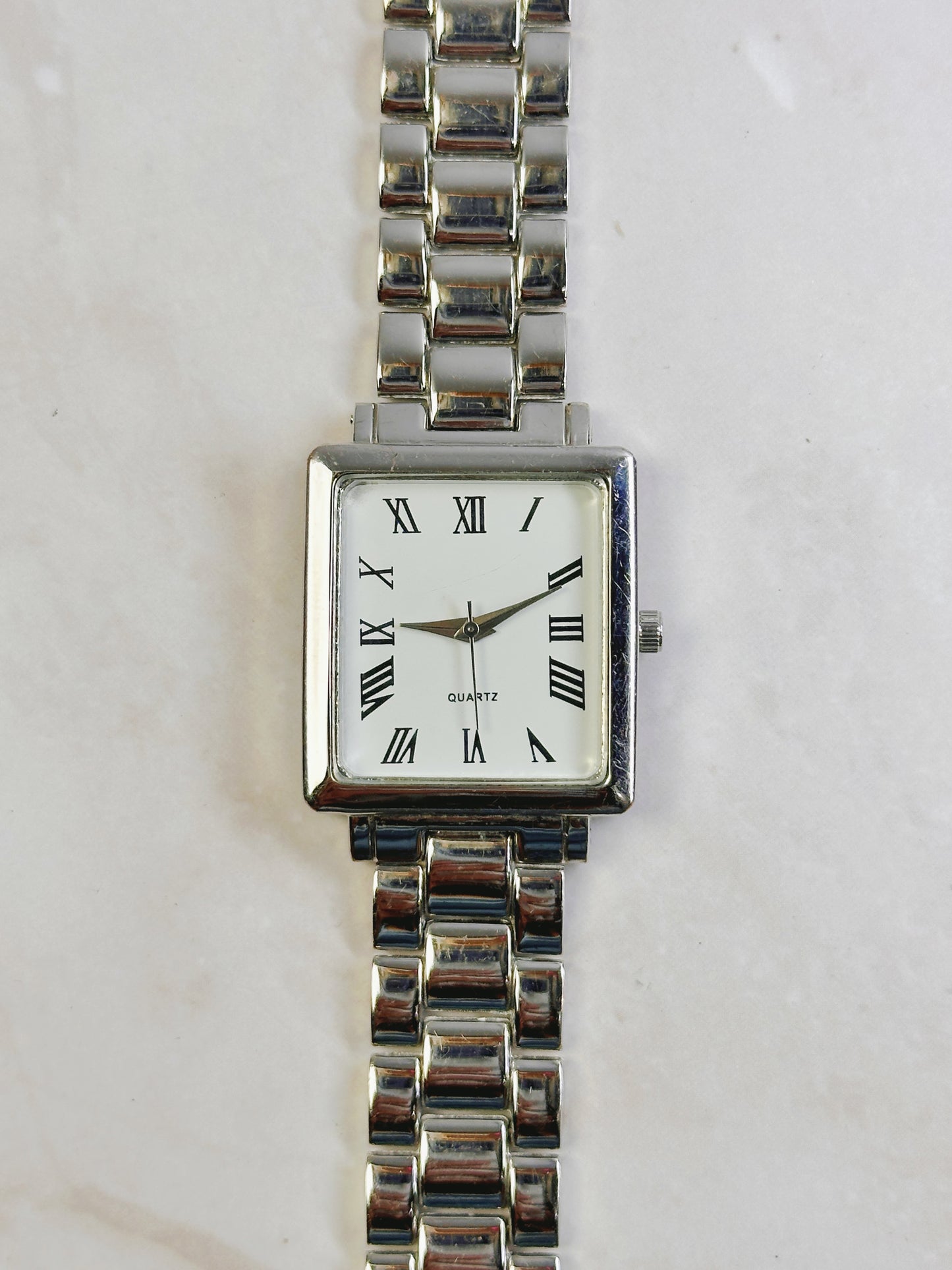 Silver Tone Square Tank Style Watch – Roman Numerals – Stainless Steel Bracelet – Quartz – New Battery