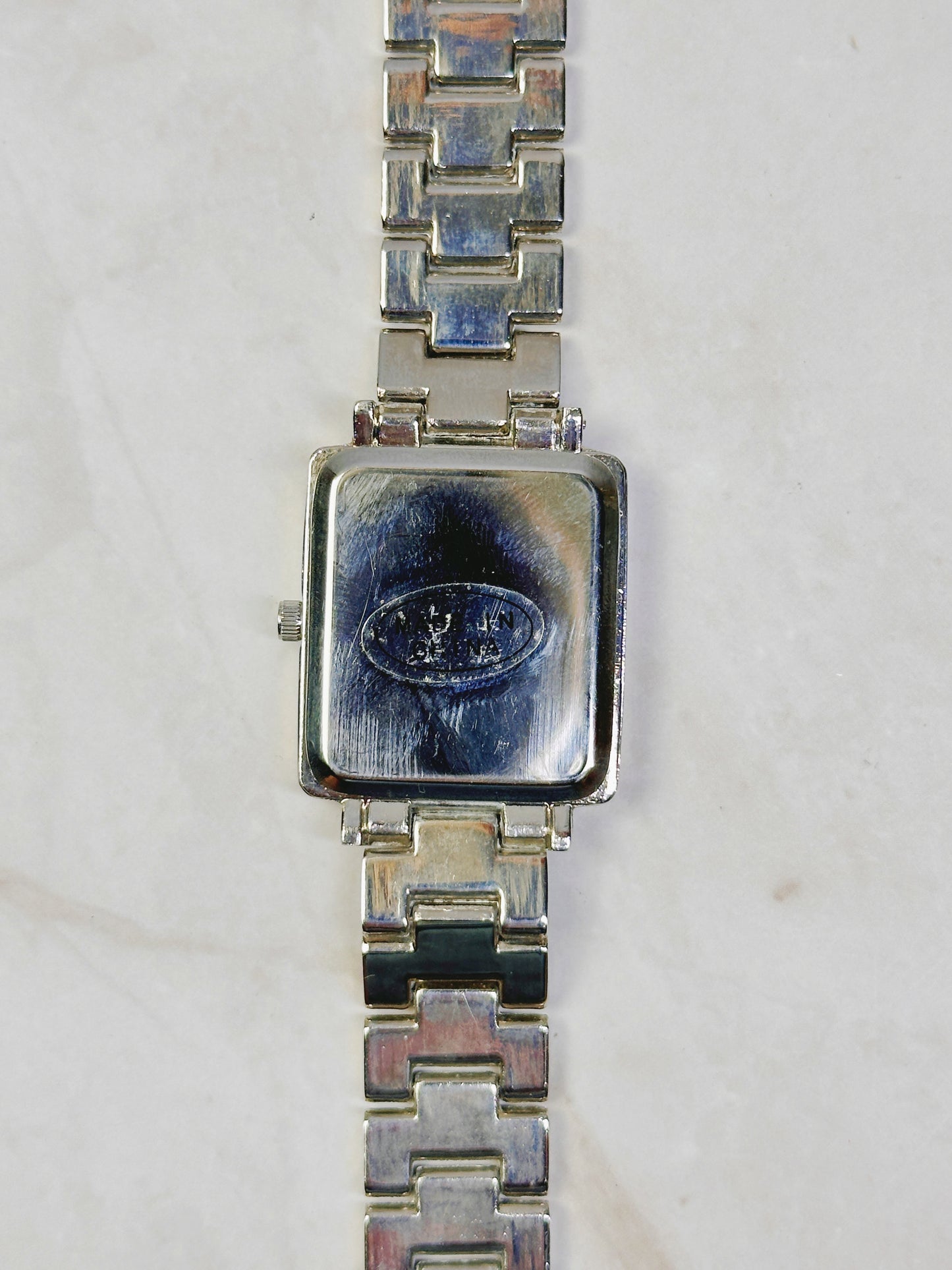 Silver Tone Square Tank Style Watch – Roman Numerals – Stainless Steel Bracelet – Quartz – New Battery
