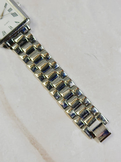 Silver Tone Square Tank Style Watch – Roman Numerals – Stainless Steel Bracelet – Quartz – New Battery