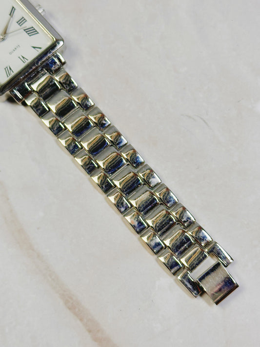 Silver Tone Square Tank Style Watch – Roman Numerals – Stainless Steel Bracelet – Quartz – New Battery