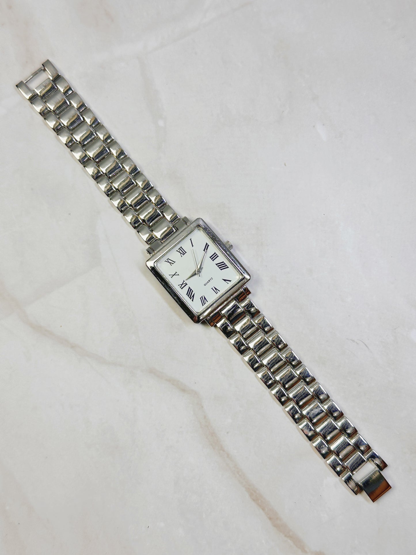 Silver Tone Square Tank Style Watch – Roman Numerals – Stainless Steel Bracelet – Quartz – New Battery