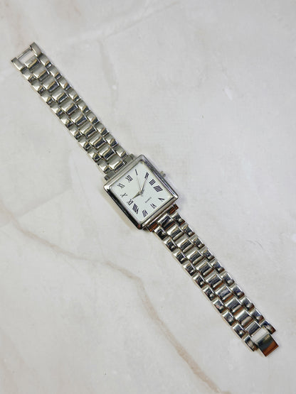 Silver Tone Square Tank Style Watch – Roman Numerals – Stainless Steel Bracelet – Quartz – New Battery