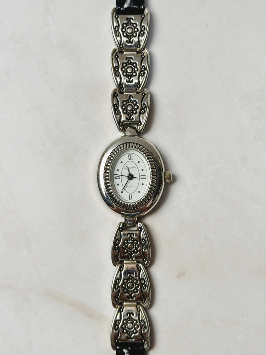 Brighton Silver Tone Oval Watch – Decorative Link & Black Leather Strap – Quartz – New Battery
