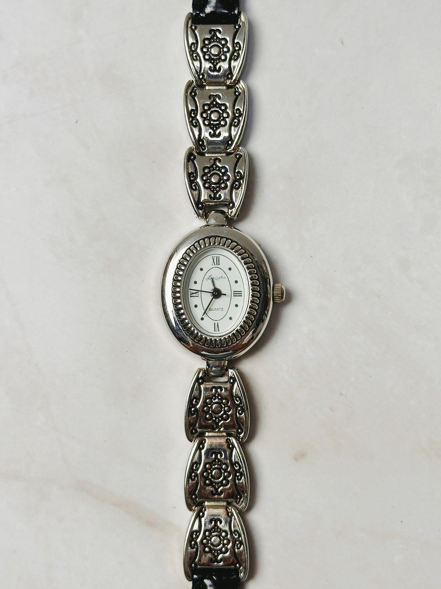 Brighton Silver Tone Oval Watch – Decorative Link & Black Leather Strap – Quartz – New Battery