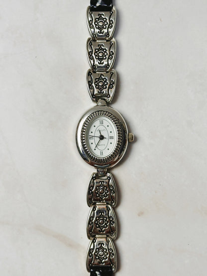 Brighton Silver Tone Oval Watch – Decorative Link & Black Leather Strap – Quartz – New Battery