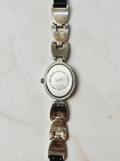 Brighton Silver Tone Oval Watch – Decorative Link & Black Leather Strap – Quartz – New Battery