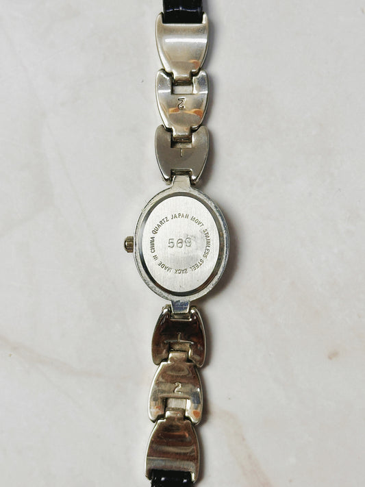 Brighton Silver Tone Oval Watch – Decorative Link & Black Leather Strap – Quartz – New Battery