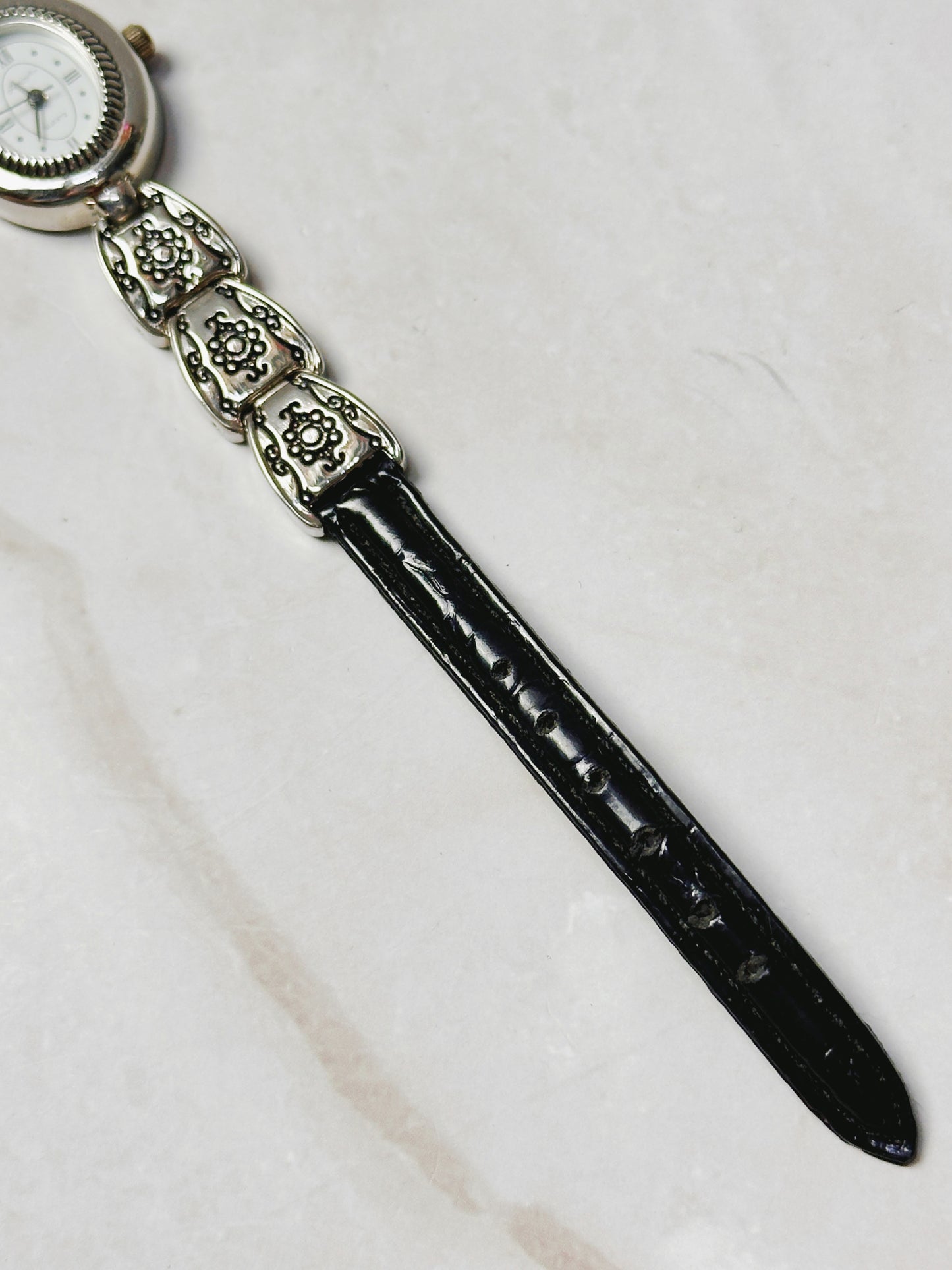 Brighton Silver Tone Oval Watch – Decorative Link & Black Leather Strap – Quartz – New Battery