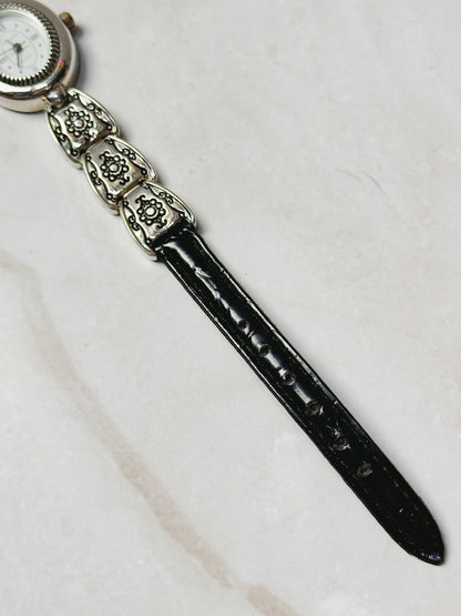 Brighton Silver Tone Oval Watch – Decorative Link & Black Leather Strap – Quartz – New Battery