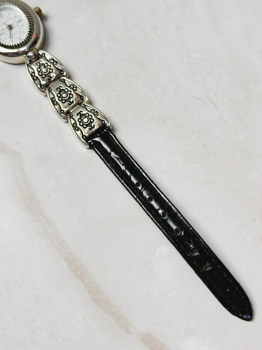 Brighton Silver Tone Oval Watch – Decorative Link & Black Leather Strap – Quartz – New Battery