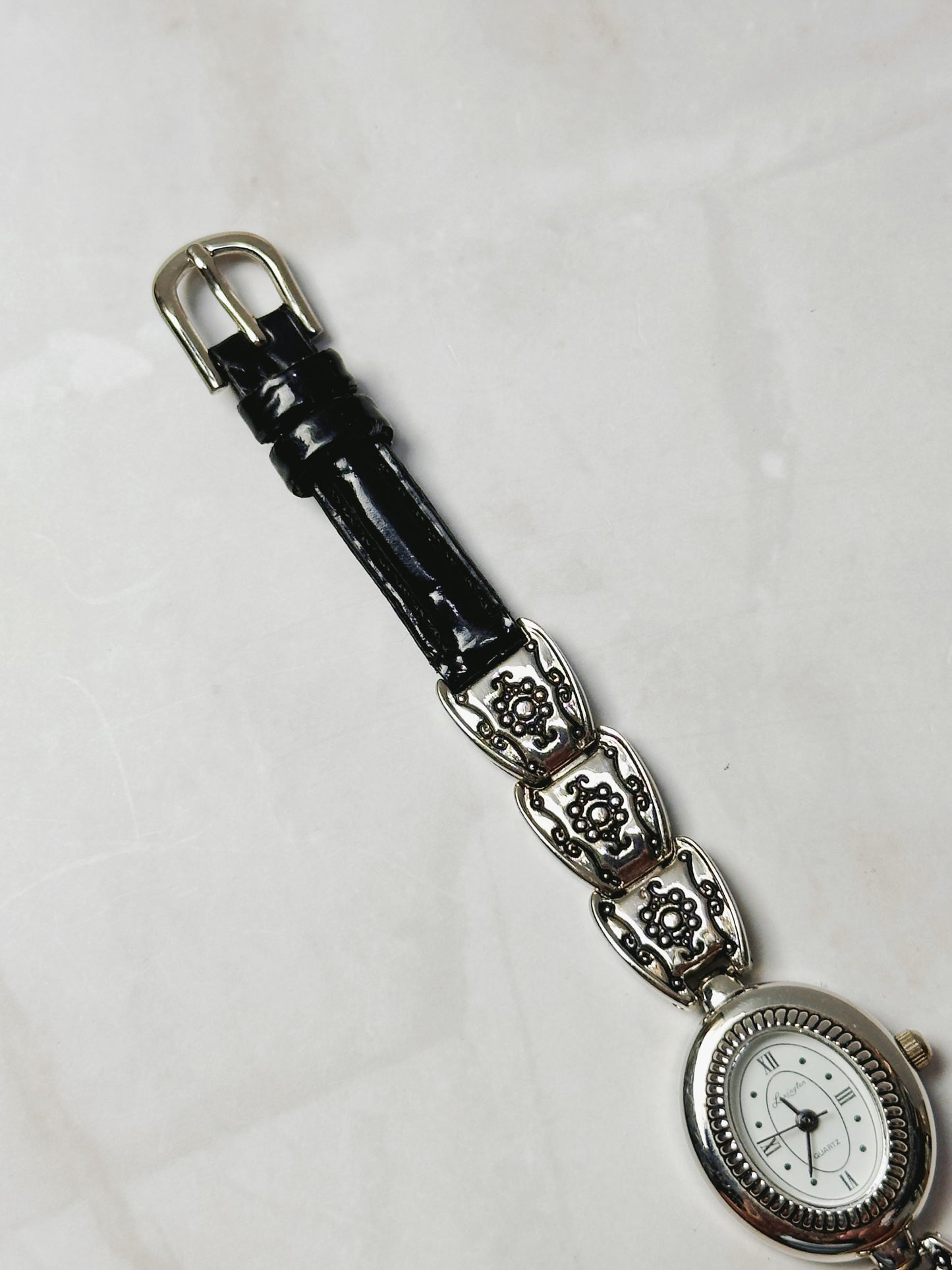 Brighton Silver Tone Oval Watch – Decorative Link & Black Leather Strap – Quartz – New Battery