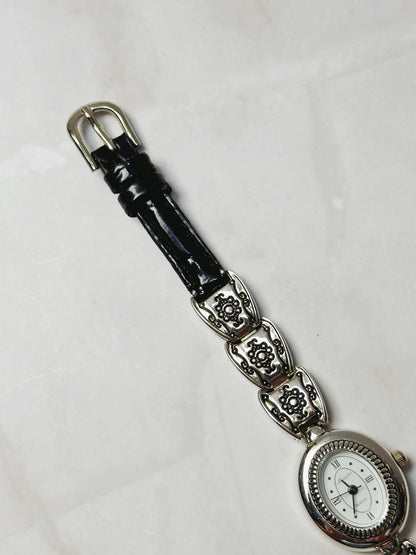 Brighton Silver Tone Oval Watch – Decorative Link & Black Leather Strap – Quartz – New Battery