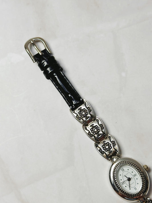 Brighton Silver Tone Oval Watch – Decorative Link & Black Leather Strap – Quartz – New Battery