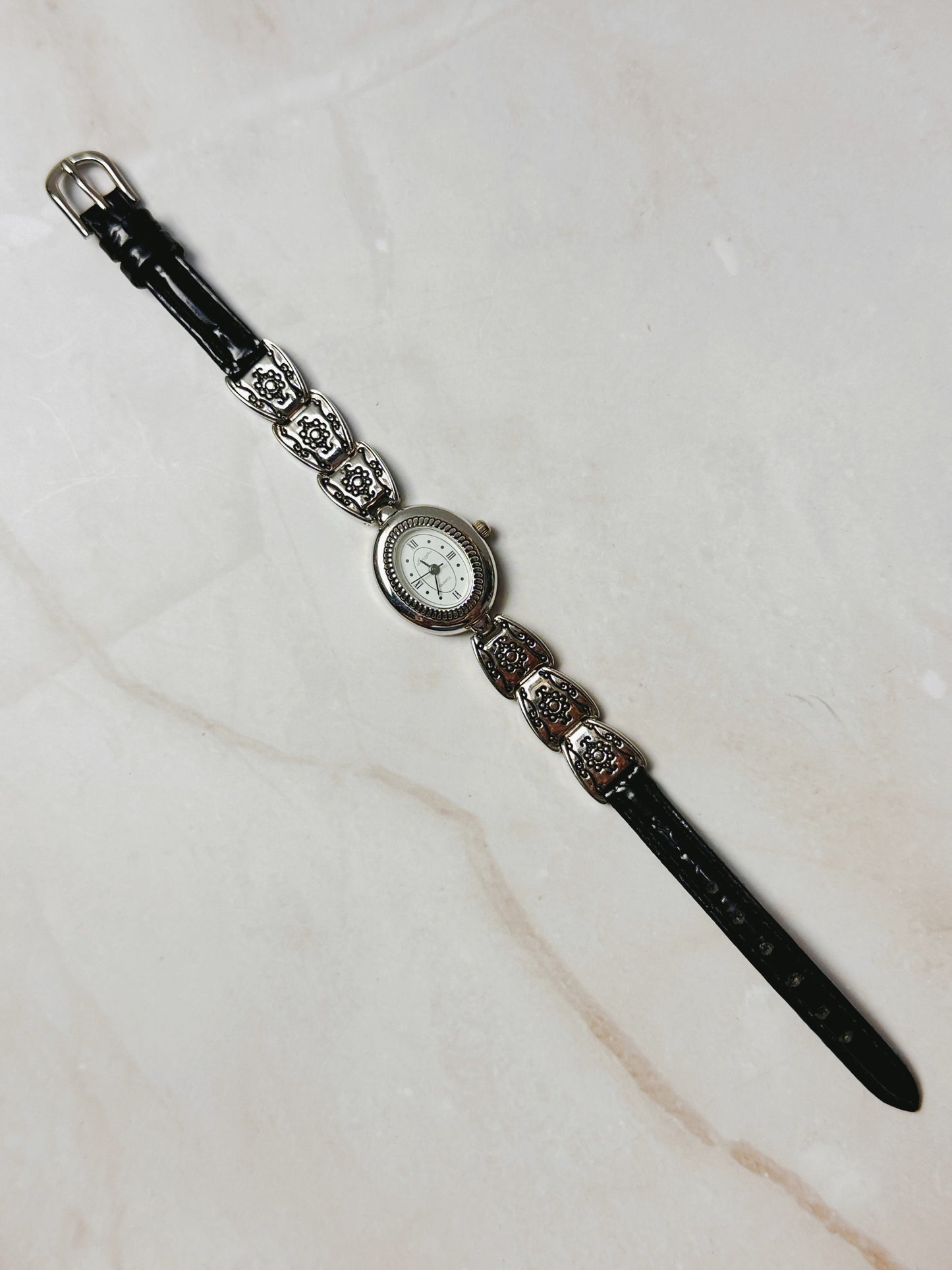 Brighton Silver Tone Oval Watch – Decorative Link & Black Leather Strap – Quartz – New Battery