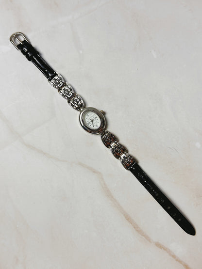 Brighton Silver Tone Oval Watch – Decorative Link & Black Leather Strap – Quartz – New Battery
