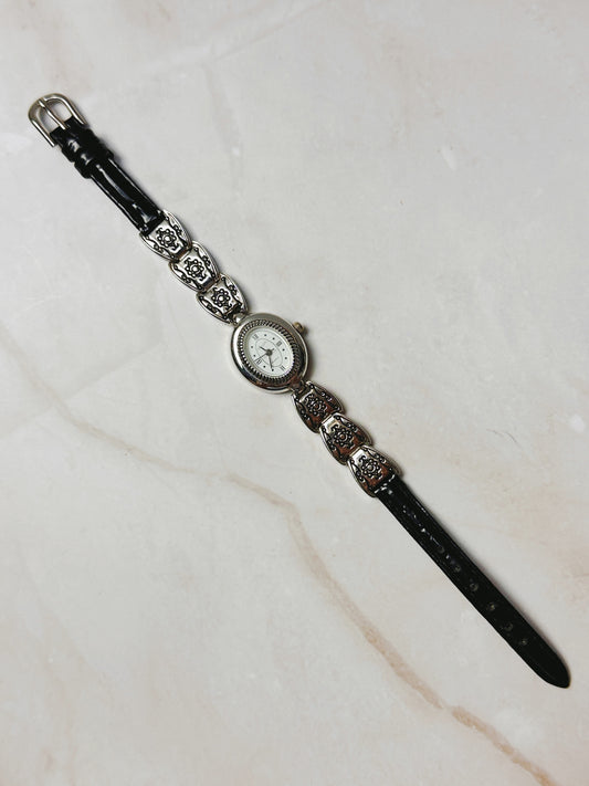 Brighton Silver Tone Oval Watch – Decorative Link & Black Leather Strap – Quartz – New Battery
