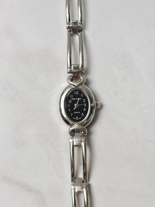 Cote d’Azur Silver Tone Petite Bracelet Watch – Black Dial – Quartz – New Battery
