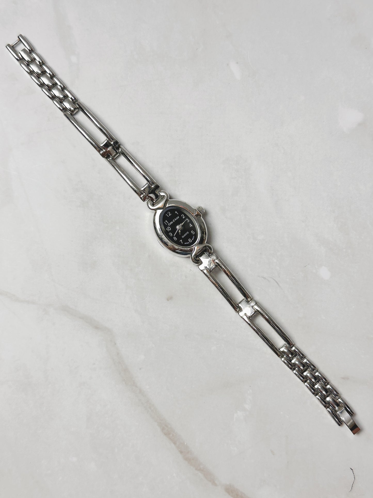 Cote d’Azur Silver Tone Petite Bracelet Watch – Black Dial – Quartz – New Battery