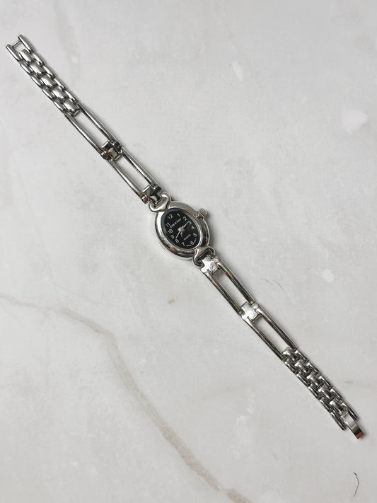 Cote d’Azur Silver Tone Petite Bracelet Watch – Black Dial – Quartz – New Battery