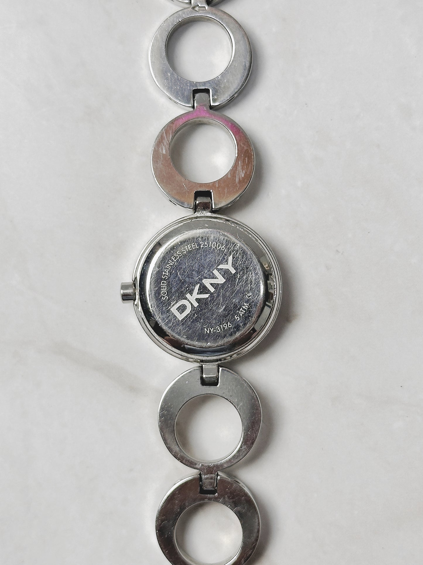 DKNY Silver Tone Bracelet Watch – Modern Circle Link Design – Minimalist Dial – New Battery