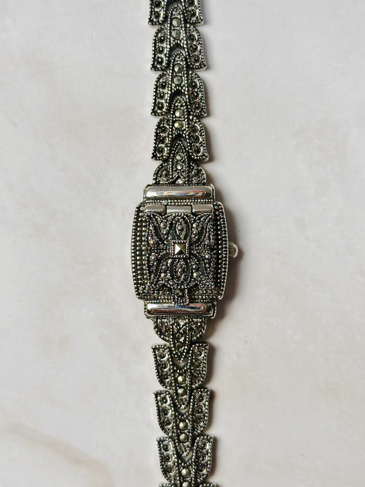 Lee Sands Marcasite Bracelet Watch – Ornate Vintage Style – Japan Quartz – New Battery