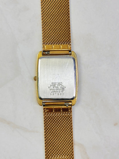 Seiko Quartz Gold-Tone Rectangular Watch – Textured Dial – Mesh Bracelet