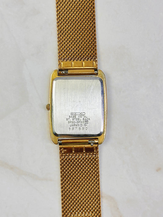 Seiko Quartz Gold-Tone Rectangular Watch – Textured Dial – Mesh Bracelet