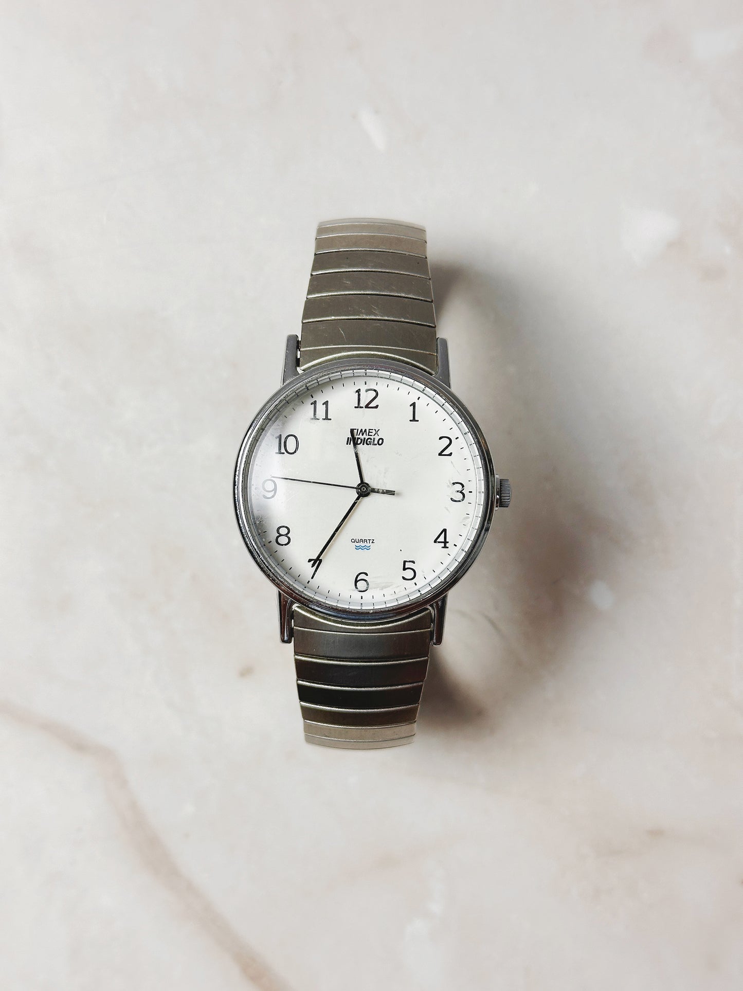 Timex Indiglo Silver-Tone Watch – White Dial – Stretch Band – Quartz – New Battery