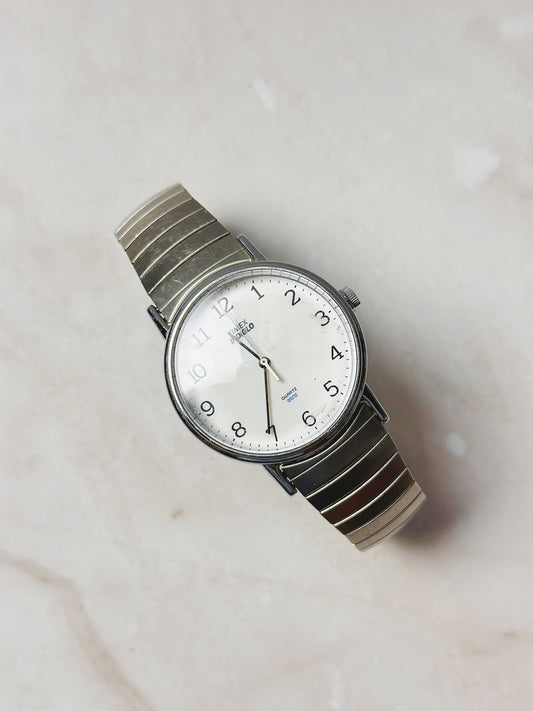 Timex Indiglo Silver-Tone Watch – White Dial – Stretch Band – Quartz – New Battery
