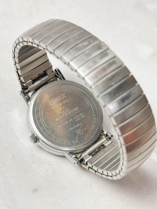 Timex Indiglo Silver-Tone Watch – White Dial – Stretch Band – Quartz – New Battery