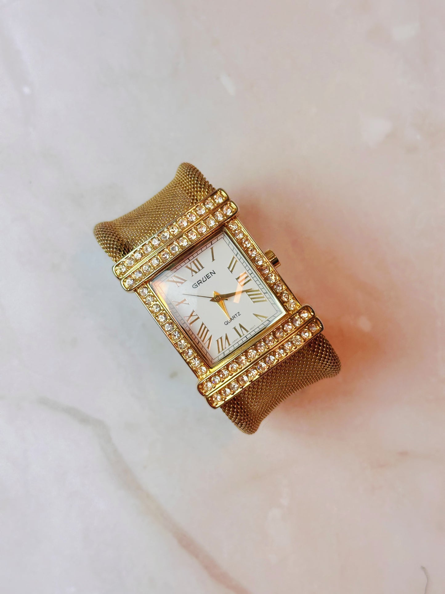 Gruen Tank Style Watch – Gold Tone Crystal Bangle Bezel – Roman Numerals – Quartz – New Battery