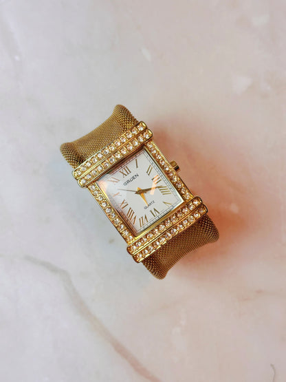 Gruen Tank Style Watch – Gold Tone Crystal Bangle Bezel – Roman Numerals – Quartz – New Battery