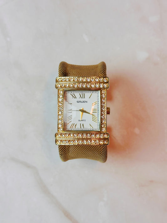 Gruen Tank Style Watch – Gold Tone Crystal Bangle Bezel – Roman Numerals – Quartz – New Battery