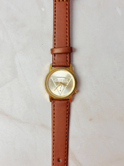 Guess Triangle Logo Watch – Gold Tone Case – Brown Leather Strap – Quartz – New Battery