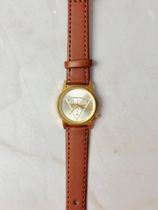Guess Triangle Logo Watch – Gold Tone Case – Brown Leather Strap – Quartz – New Battery