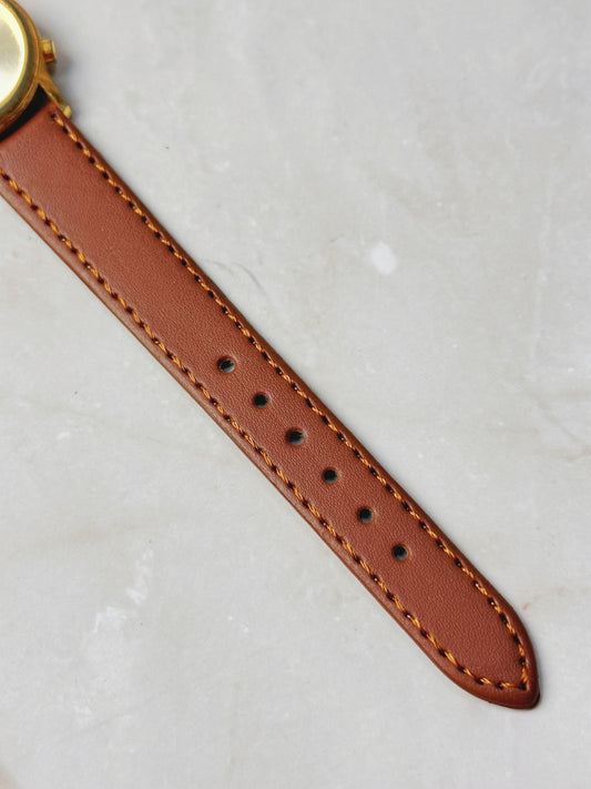 Guess Triangle Logo Watch – Gold Tone Case – Brown Leather Strap – Quartz – New Battery