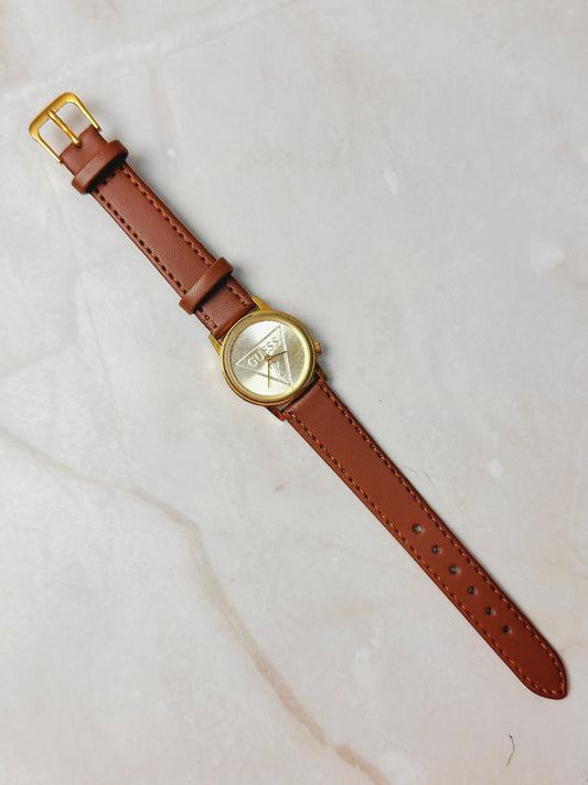 Guess Triangle Logo Watch – Gold Tone Case – Brown Leather Strap – Quartz – New Battery