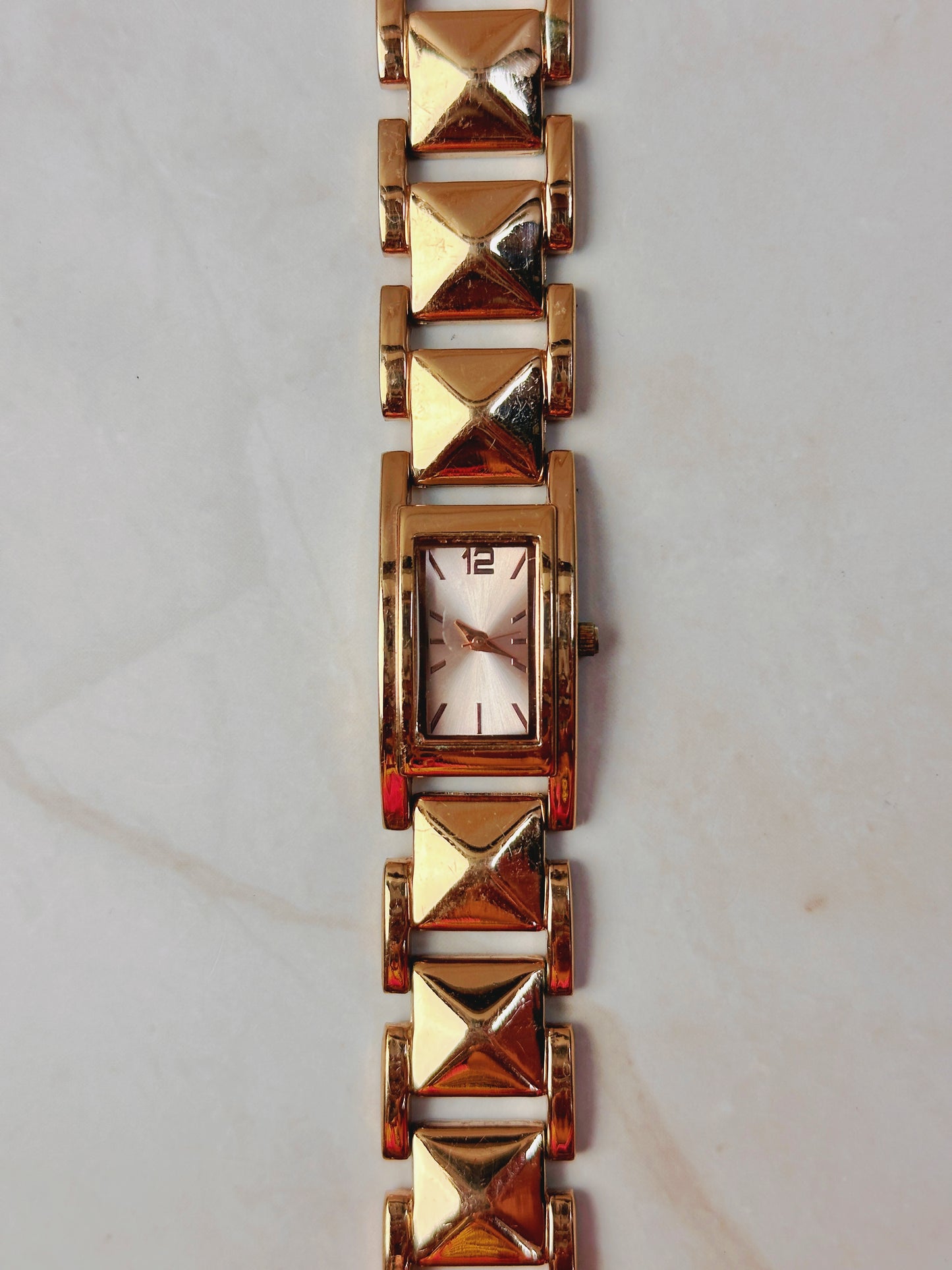 Rose Gold Tone Tank Style Watch – Pyramid Link Bracelet – Rectangular Dial – Quartz – New Battery
