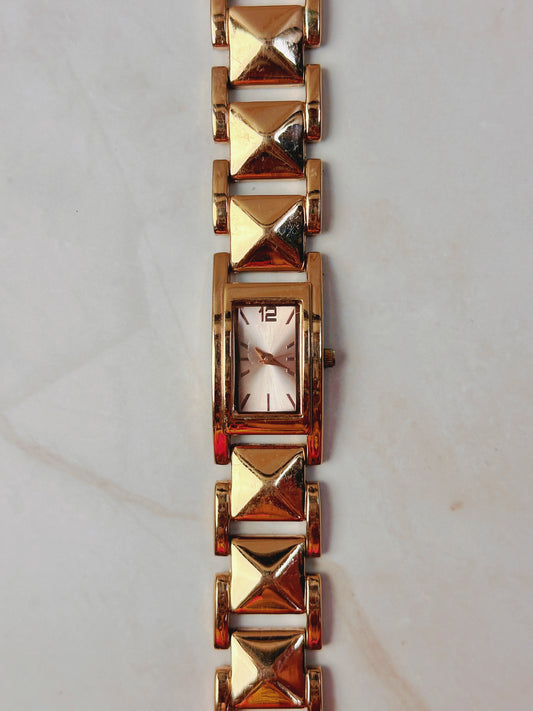 Rose Gold Tone Tank Style Watch – Pyramid Link Bracelet – Rectangular Dial – Quartz – New Battery