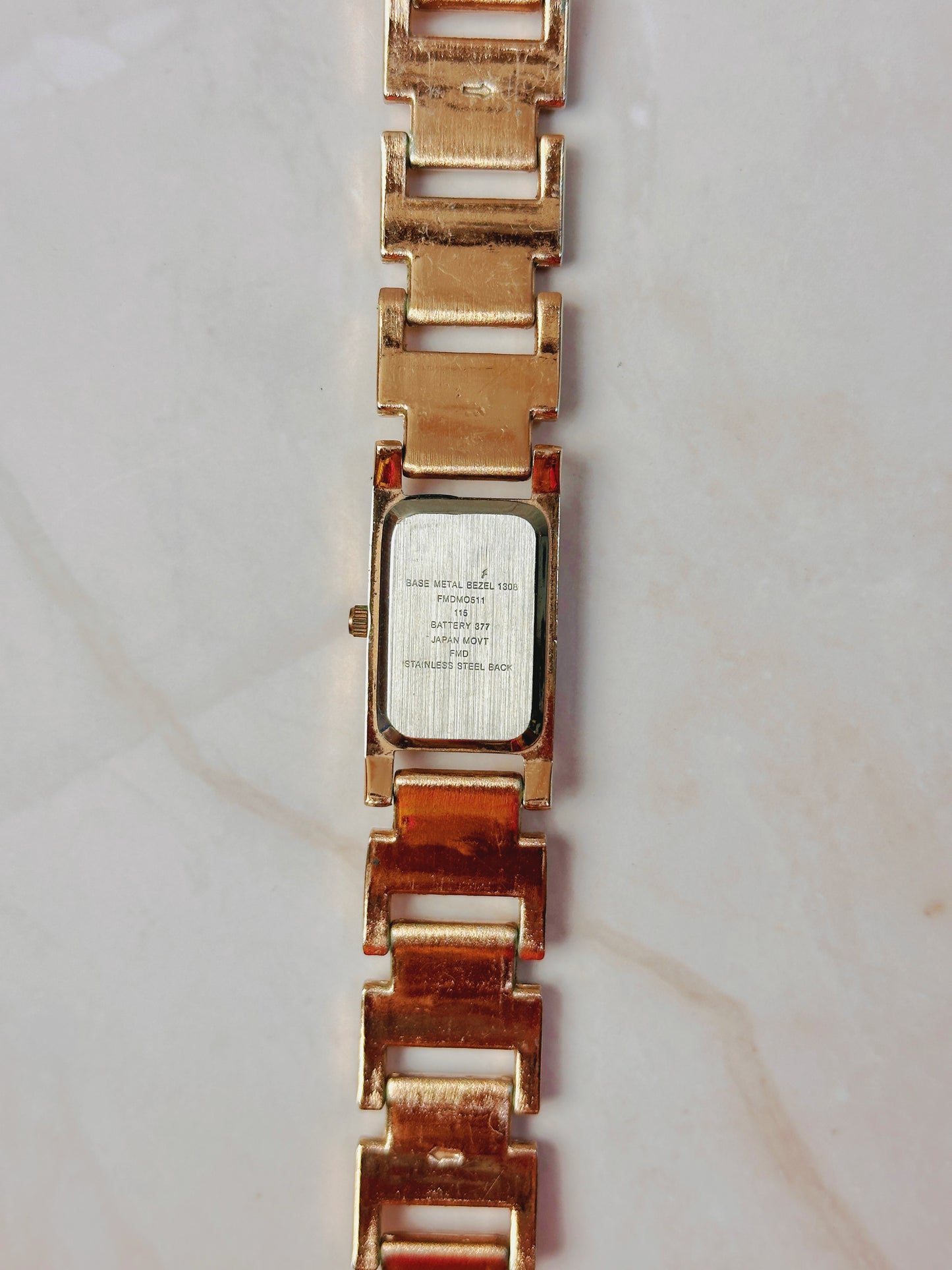 Rose Gold Tone Tank Style Watch – Pyramid Link Bracelet – Rectangular Dial – Quartz – New Battery
