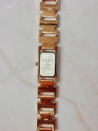 Rose Gold Tone Tank Style Watch – Pyramid Link Bracelet – Rectangular Dial – Quartz – New Battery