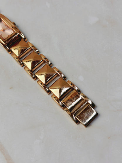 Rose Gold Tone Tank Style Watch – Pyramid Link Bracelet – Rectangular Dial – Quartz – New Battery