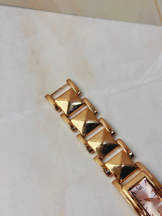 Rose Gold Tone Tank Style Watch – Pyramid Link Bracelet – Rectangular Dial – Quartz – New Battery