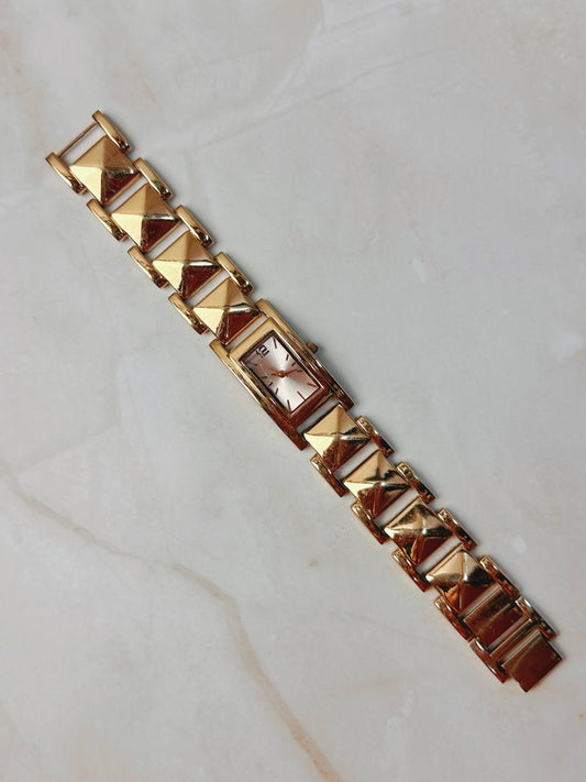 Rose Gold Tone Tank Style Watch – Pyramid Link Bracelet – Rectangular Dial – Quartz – New Battery