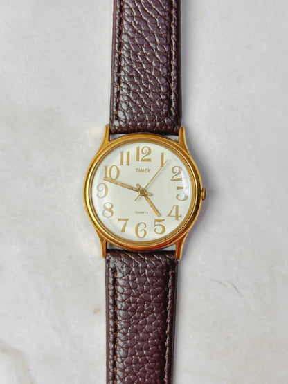 Timex Classic Dress Watch – Gold Tone Case – Arabic Numerals – Brown Leather Strap – Quartz – Unisex - New Battery
